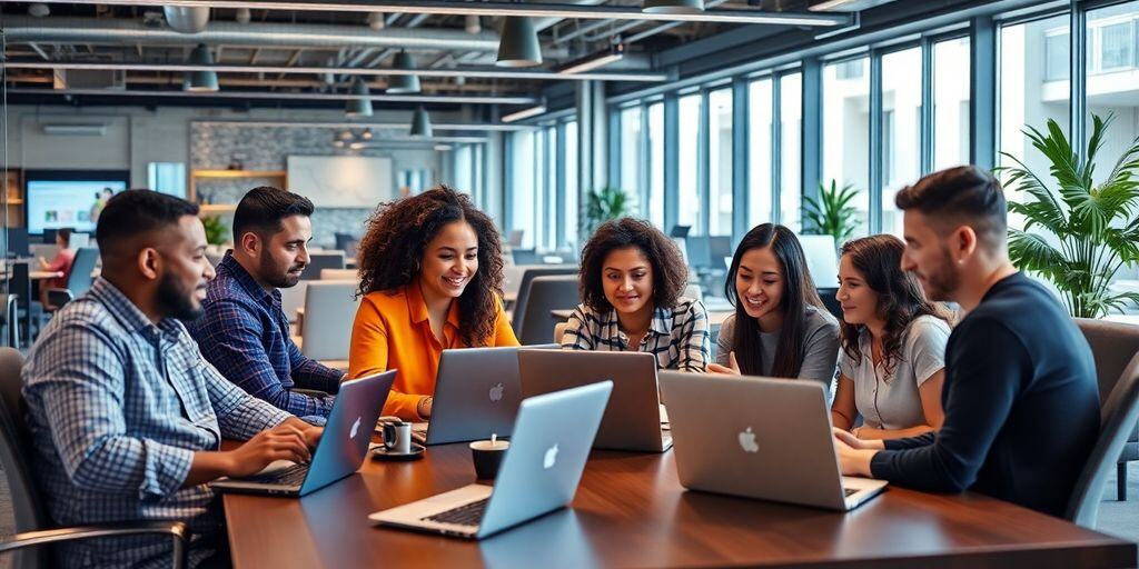 Diverse team collaborating with AI tools in a modern office.