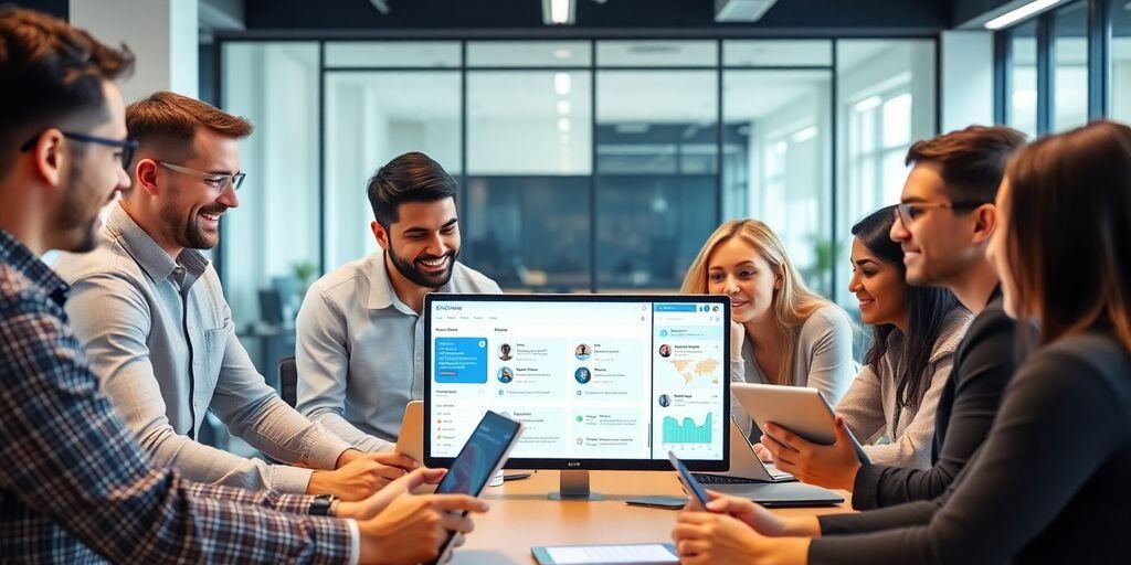 Diverse employees collaborating in a modern office setting.