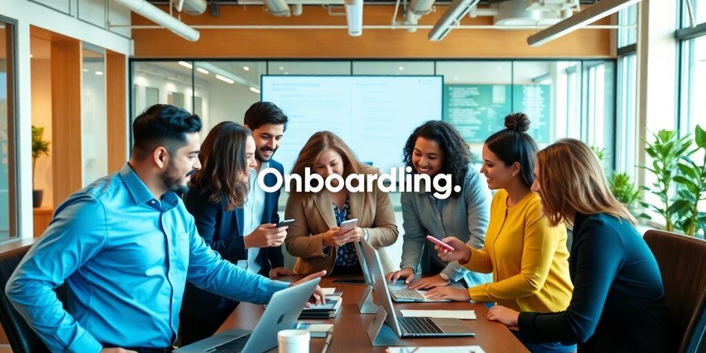 Diverse professionals collaborating in a modern office setting.