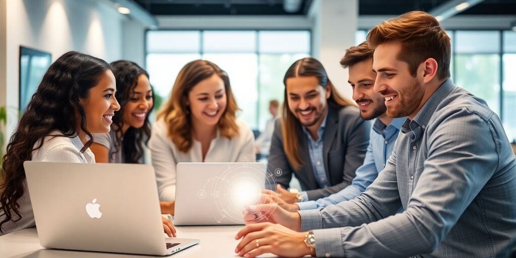 Employees collaborating with AI tools in a training session.