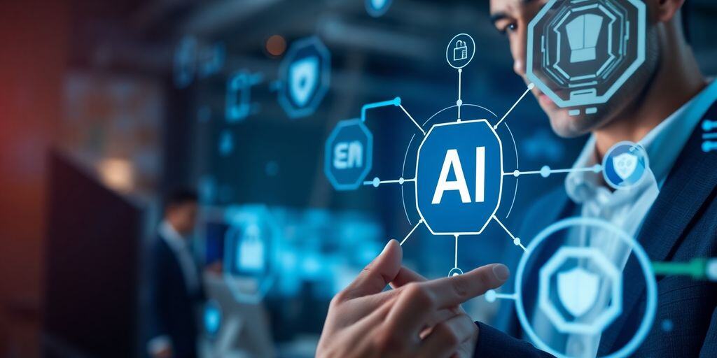 Business professional using AI technology in a modern office.