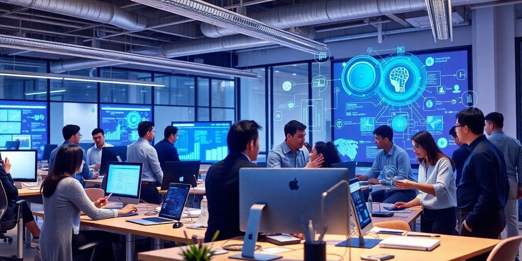 Professionals collaborating with advanced technology in a modern office.