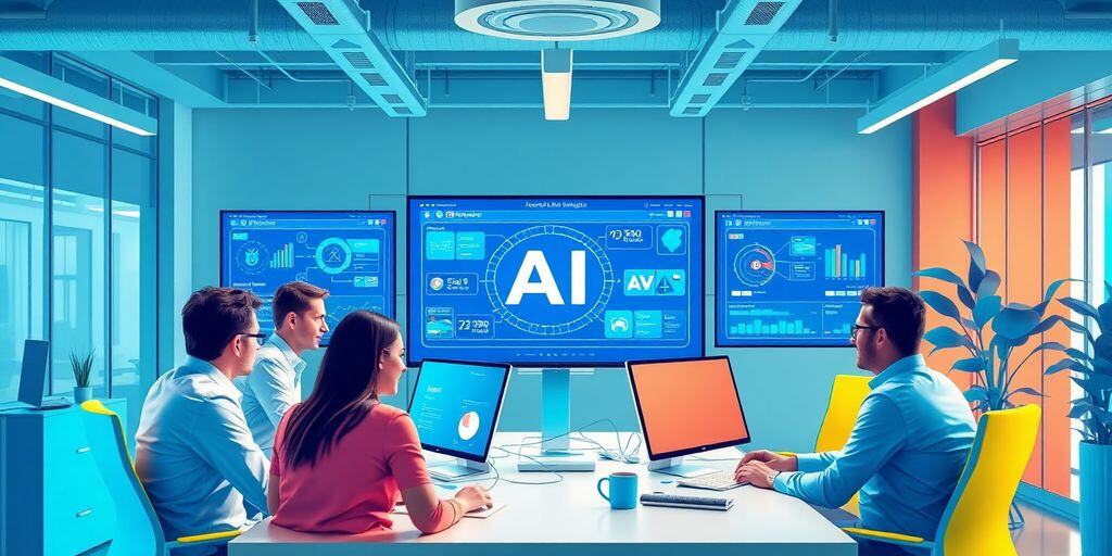 Professionals collaborate on AI solutions in a modern workspace.