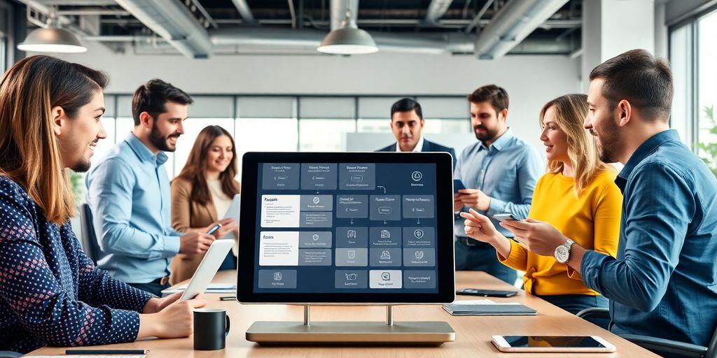Team collaborating with AI tools in a modern office.