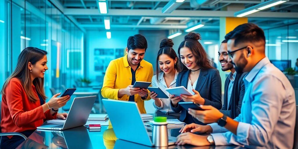 Diverse professionals collaborating in a modern office environment.