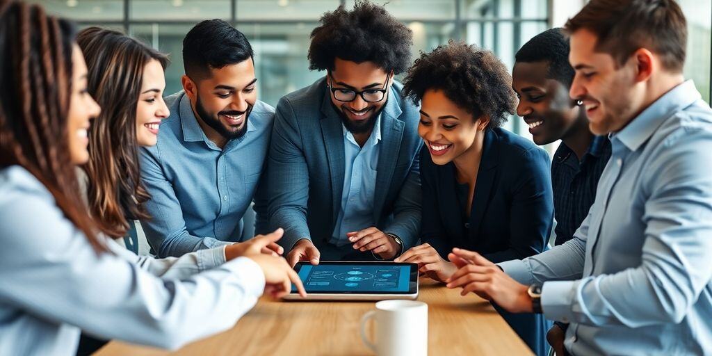 Diverse professionals collaborating on AI-driven onboarding process.