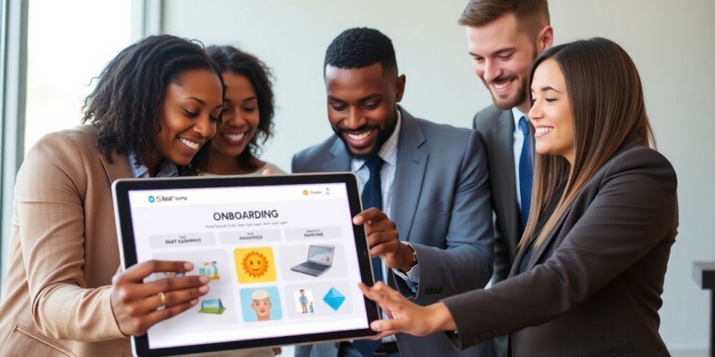 Diverse professionals collaborating on a digital tablet.