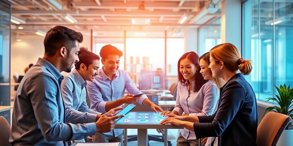 Diverse team collaborating in a modern office environment.